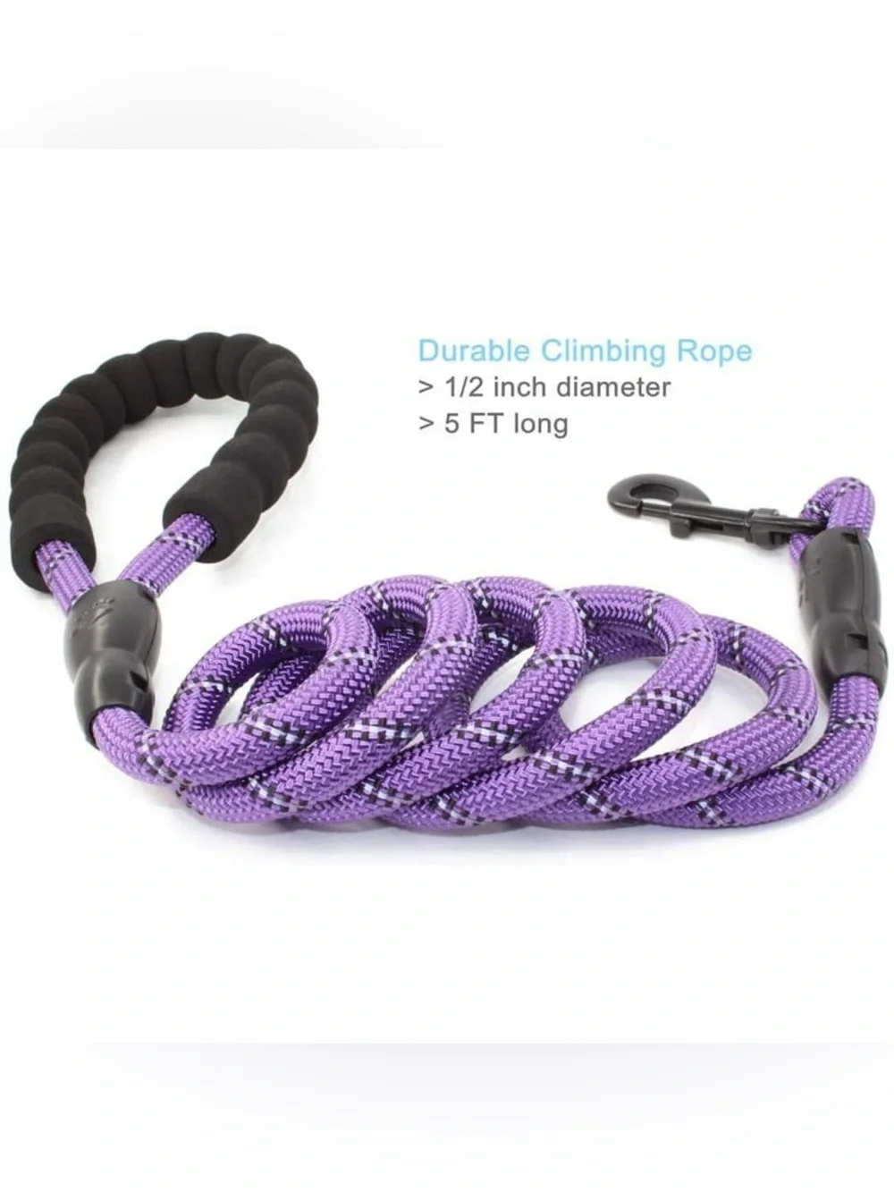 Purple Reflective Braided Climbing Rope Dog Leash w/ Comfort Grip